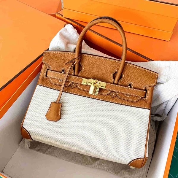 h bag designer bag h ermese first layer leather fashion luxury 2022 new canvas splice with leather women big bill of lading shoulder